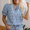 Hot Dear-Lover Floral Striped Print Contrast Ric-rac Puff Sleeve Top Blue