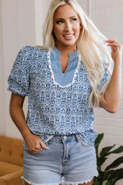 Hot Dear-Lover Floral Striped Print Contrast Ric-rac Puff Sleeve Top Blue