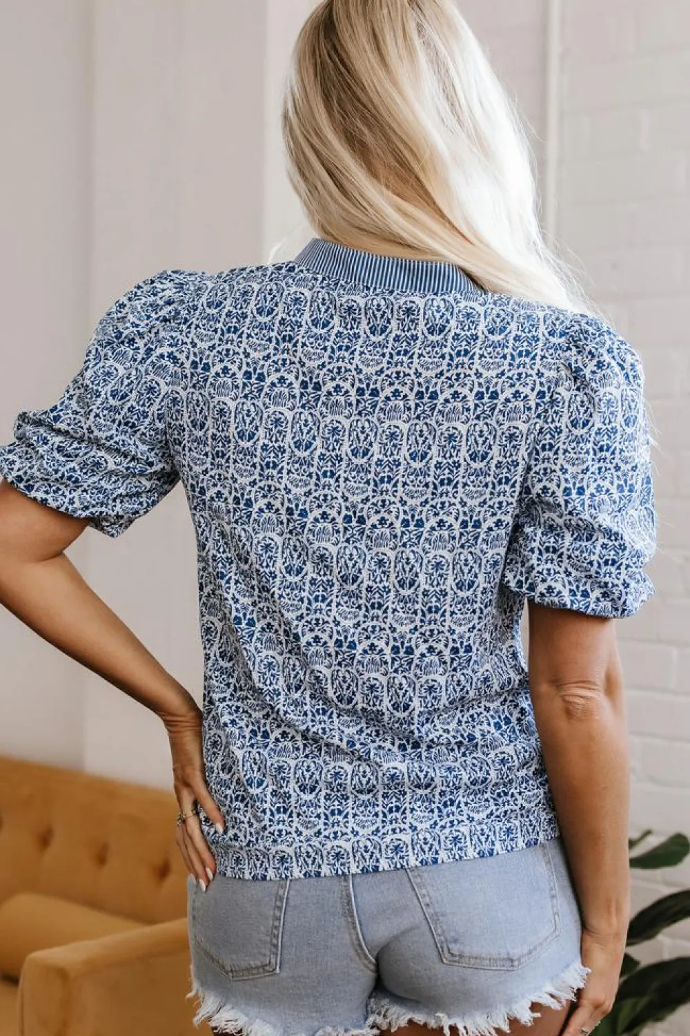 Hot Dear-Lover Floral Striped Print Contrast Ric-rac Puff Sleeve Top Blue