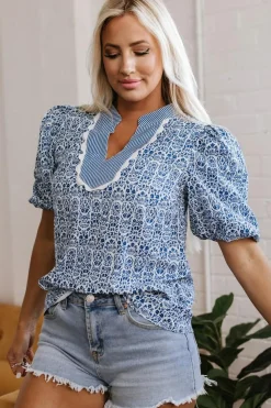 Hot Dear-Lover Floral Striped Print Contrast Ric-rac Puff Sleeve Top Blue