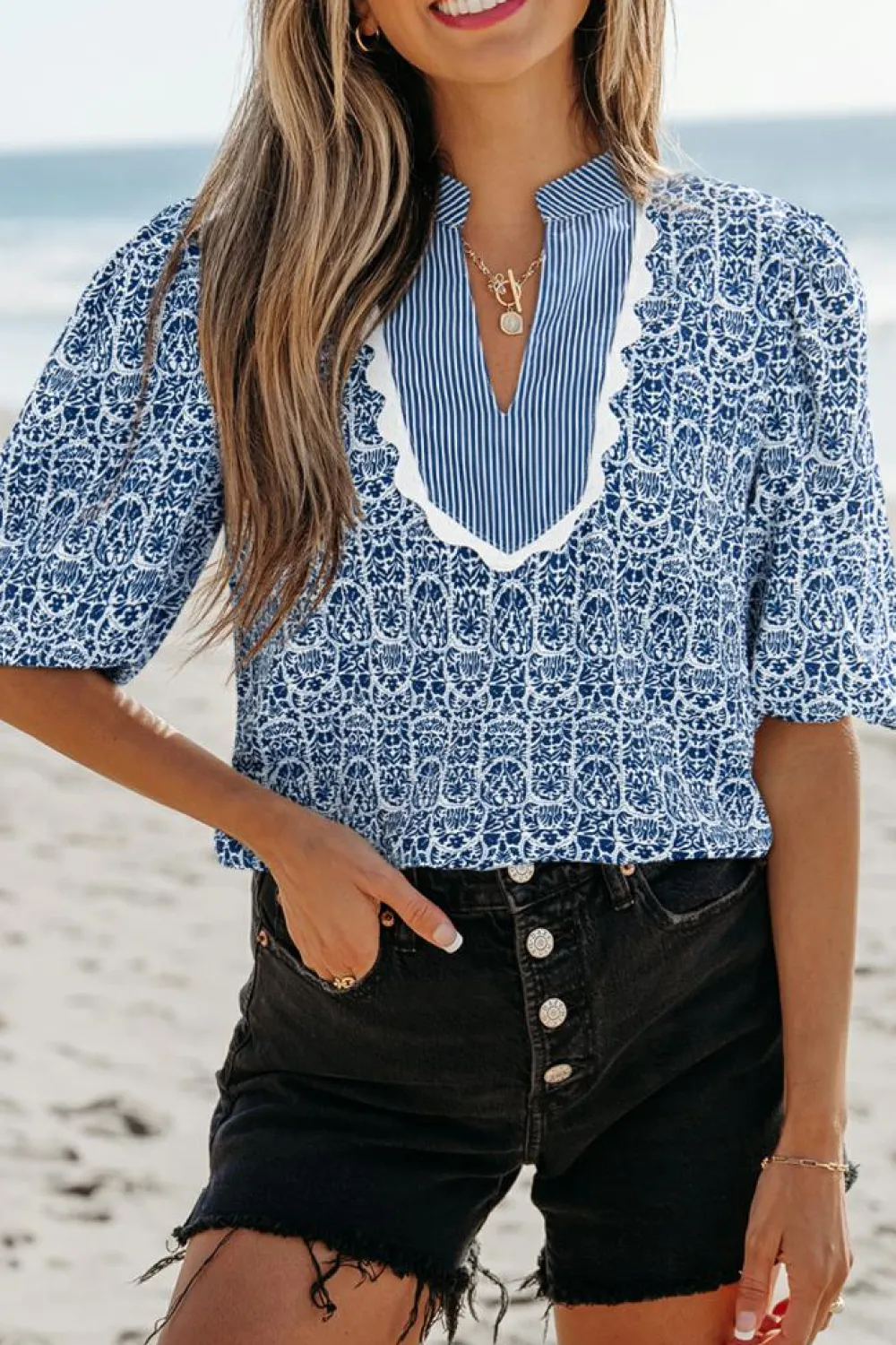 Hot Dear-Lover Floral Striped Print Contrast Ric-rac Puff Sleeve Top Blue