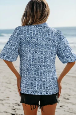 Hot Dear-Lover Floral Striped Print Contrast Ric-rac Puff Sleeve Top Blue