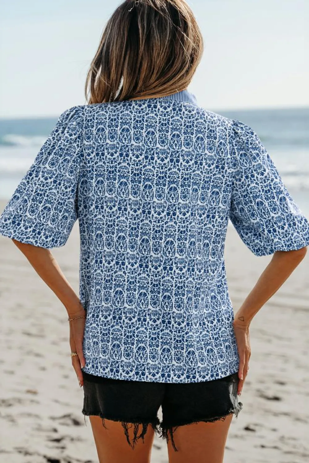 Hot Dear-Lover Floral Striped Print Contrast Ric-rac Puff Sleeve Top Blue