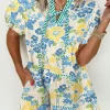 Discount Dear-Lover Floral Striped Trim Puff Short Sleeve Dress Blue