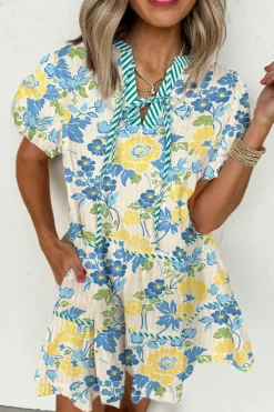 Discount Dear-Lover Floral Striped Trim Puff Short Sleeve Dress Blue