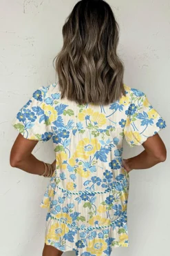 Discount Dear-Lover Floral Striped Trim Puff Short Sleeve Dress Blue