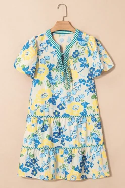 Discount Dear-Lover Floral Striped Trim Puff Short Sleeve Dress Blue