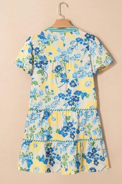 Discount Dear-Lover Floral Striped Trim Puff Short Sleeve Dress Blue