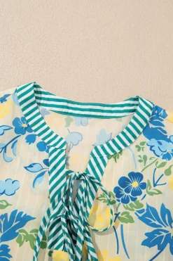 Discount Dear-Lover Floral Striped Trim Puff Short Sleeve Dress Blue