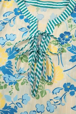Discount Dear-Lover Floral Striped Trim Puff Short Sleeve Dress Blue
