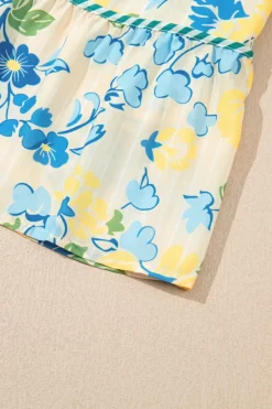 Discount Dear-Lover Floral Striped Trim Puff Short Sleeve Dress Blue