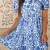 Best Dear-Lover Flower Print Puff Sleeve Tiered Dress Blue