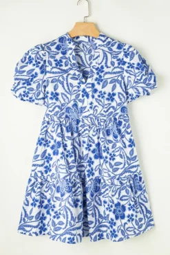 Best Dear-Lover Flower Print Puff Sleeve Tiered Dress Blue