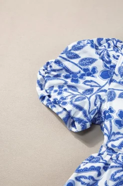 Best Dear-Lover Flower Print Puff Sleeve Tiered Dress Blue