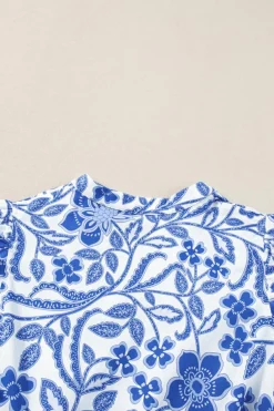 Best Dear-Lover Flower Print Puff Sleeve Tiered Dress Blue