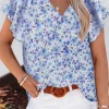 Hot Dear-Lover Flutter Sleeve V Neck Floral Summer Blouse Blue