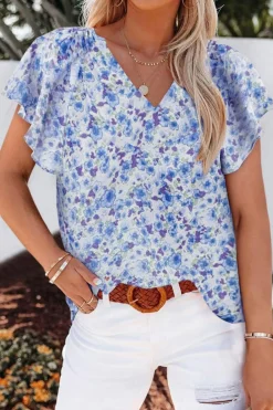 Hot Dear-Lover Flutter Sleeve V Neck Floral Summer Blouse Blue