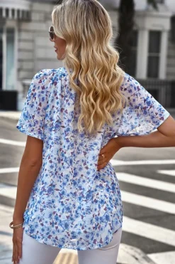 Hot Dear-Lover Flutter Sleeve V Neck Floral Summer Blouse Blue