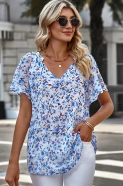 Hot Dear-Lover Flutter Sleeve V Neck Floral Summer Blouse Blue