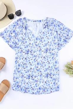 Hot Dear-Lover Flutter Sleeve V Neck Floral Summer Blouse Blue
