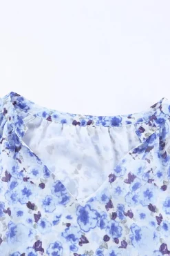 Hot Dear-Lover Flutter Sleeve V Neck Floral Summer Blouse Blue