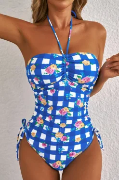 Best Dear-Lover Folk Gingham Halter Ruched Bodice Drawstring Ties One Piece Swimwear Blue
