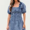 Online Dear-Lover Frilly Square Neck Bustier Puff Sleeve Short Denim Dress Blue