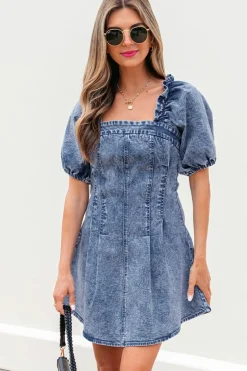 Online Dear-Lover Frilly Square Neck Bustier Puff Sleeve Short Denim Dress Blue
