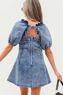 Online Dear-Lover Frilly Square Neck Bustier Puff Sleeve Short Denim Dress Blue
