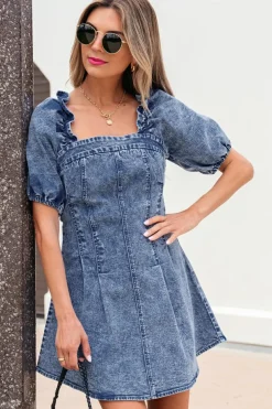 Online Dear-Lover Frilly Square Neck Bustier Puff Sleeve Short Denim Dress Blue