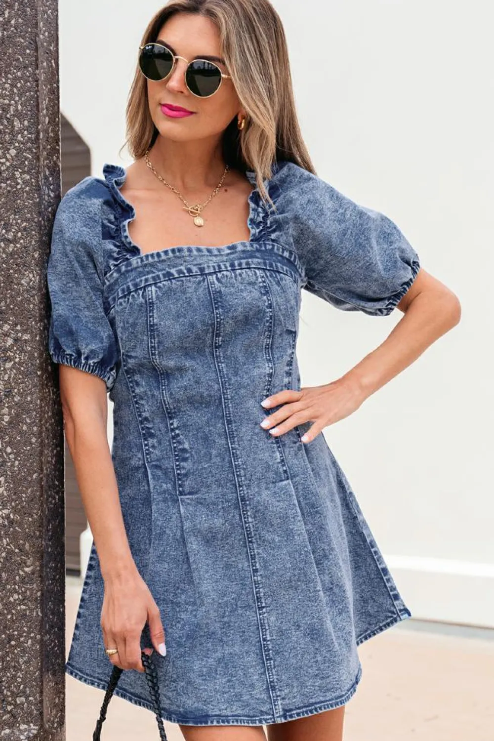 Online Dear-Lover Frilly Square Neck Bustier Puff Sleeve Short Denim Dress Blue