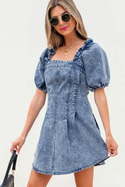 Online Dear-Lover Frilly Square Neck Bustier Puff Sleeve Short Denim Dress Blue