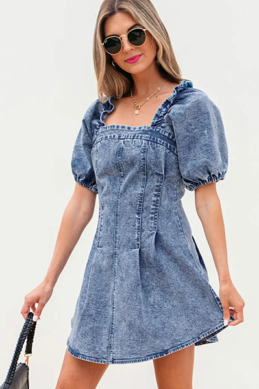 Online Dear-Lover Frilly Square Neck Bustier Puff Sleeve Short Denim Dress Blue