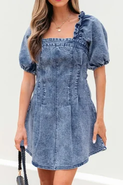Online Dear-Lover Frilly Square Neck Bustier Puff Sleeve Short Denim Dress Blue