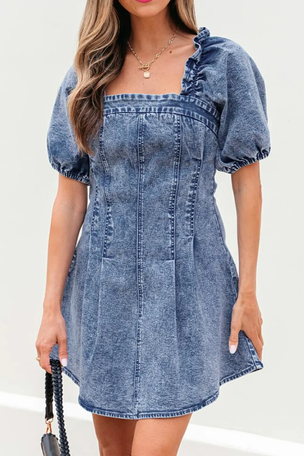 Online Dear-Lover Frilly Square Neck Bustier Puff Sleeve Short Denim Dress Blue