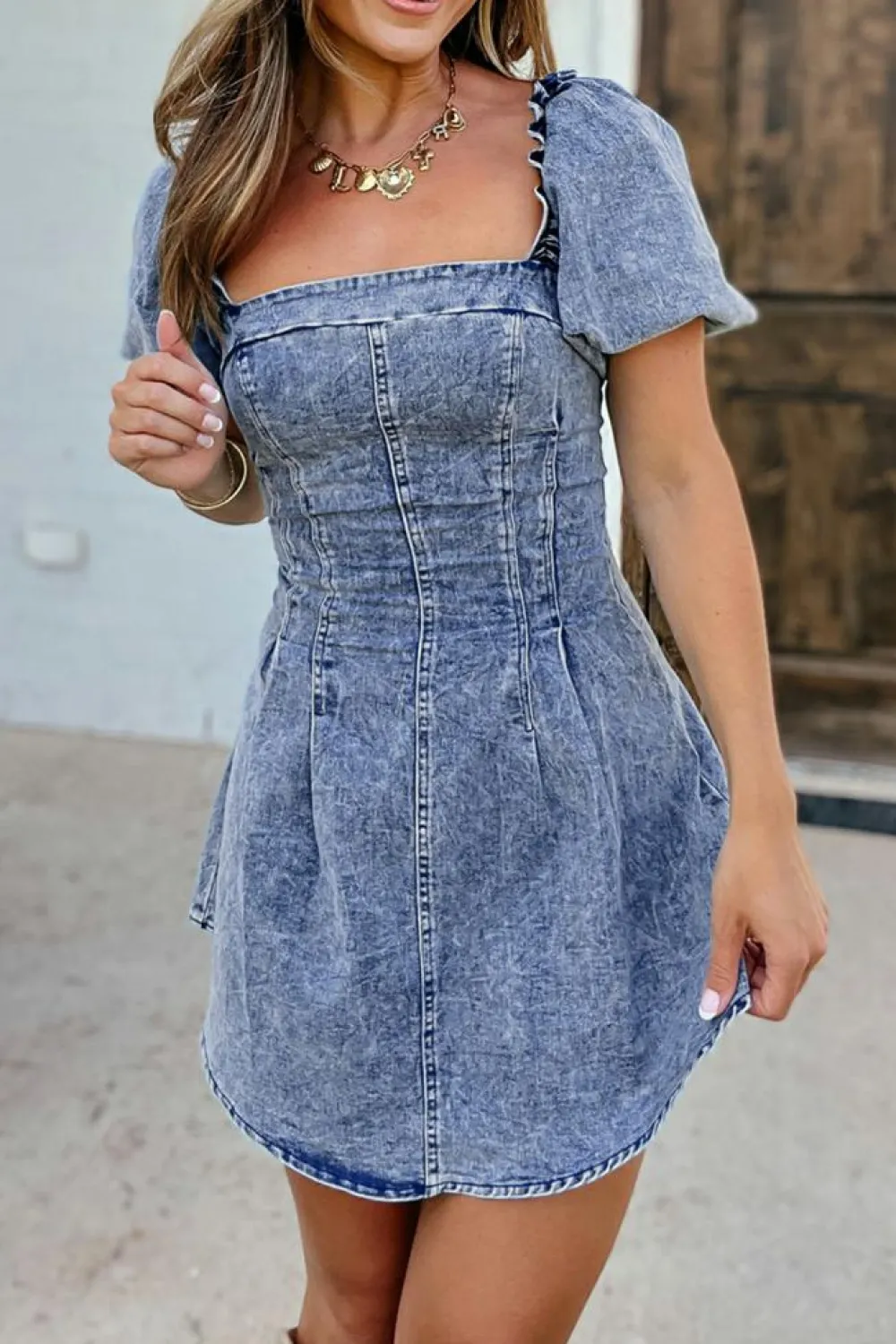 Online Dear-Lover Frilly Square Neck Bustier Puff Sleeve Short Denim Dress Blue