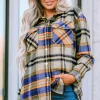 Clearance Dear-Lover Geometric Plaid Print Pocketed Shacket Blue