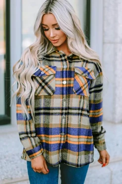 Clearance Dear-Lover Geometric Plaid Print Pocketed Shacket Blue