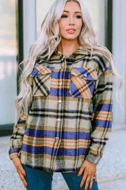 Clearance Dear-Lover Geometric Plaid Print Pocketed Shacket Blue