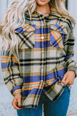 Clearance Dear-Lover Geometric Plaid Print Pocketed Shacket Blue