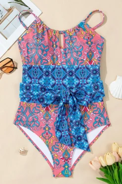 Online Dear-Lover Geometric Print Hollow Out Knotted Waist One Piece Swimsuit Blue