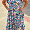 Clearance Dear-Lover Geometric Print Ruffled Short Sleeve Plus Size Tiered Maxi Dress Blue