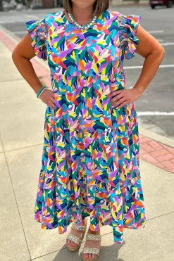 Clearance Dear-Lover Geometric Print Ruffled Short Sleeve Plus Size Tiered Maxi Dress Blue