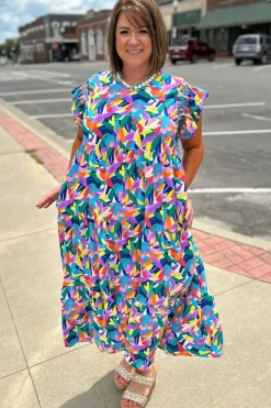 Clearance Dear-Lover Geometric Print Ruffled Short Sleeve Plus Size Tiered Maxi Dress Blue