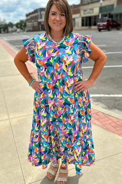 Clearance Dear-Lover Geometric Print Ruffled Short Sleeve Plus Size Tiered Maxi Dress Blue