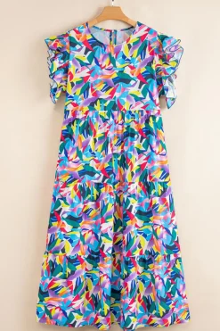 Clearance Dear-Lover Geometric Print Ruffled Short Sleeve Plus Size Tiered Maxi Dress Blue