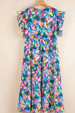 Clearance Dear-Lover Geometric Print Ruffled Short Sleeve Plus Size Tiered Maxi Dress Blue