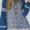New Dear-Lover Geometric Printed Lace Patchwork Ric Rac Raglan Long Sleeve Top Blue