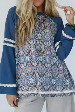 New Dear-Lover Geometric Printed Lace Patchwork Ric Rac Raglan Long Sleeve Top Blue