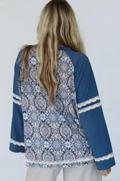 New Dear-Lover Geometric Printed Lace Patchwork Ric Rac Raglan Long Sleeve Top Blue